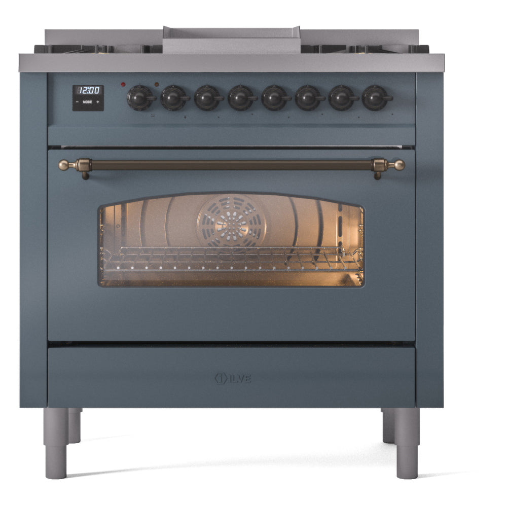 ILVE Nostalgie II 36-Inch Dual Fuel Freestanding Range in Blue Grey with Bronze Trim (UP36FNMPBGBLP)