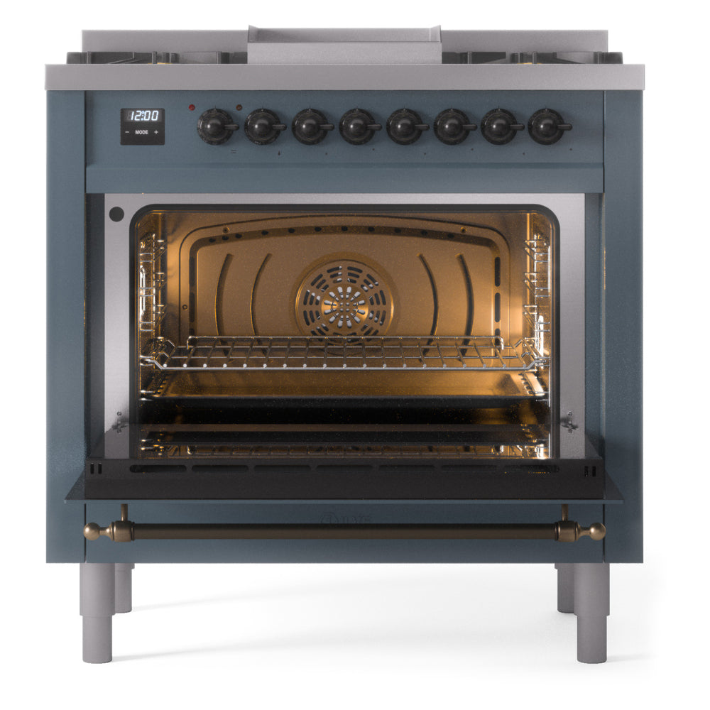 ILVE Nostalgie II 36-Inch Dual Fuel Freestanding Range in Blue Grey with Bronze Trim (UP36FNMPBGBLP)