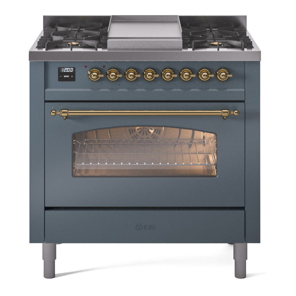 ILVE Nostalgie II 36-Inch Freestanding Natural Gas Dual Fuel Range in Blue Grey with Brass Trim (UP36FNMPBGG)