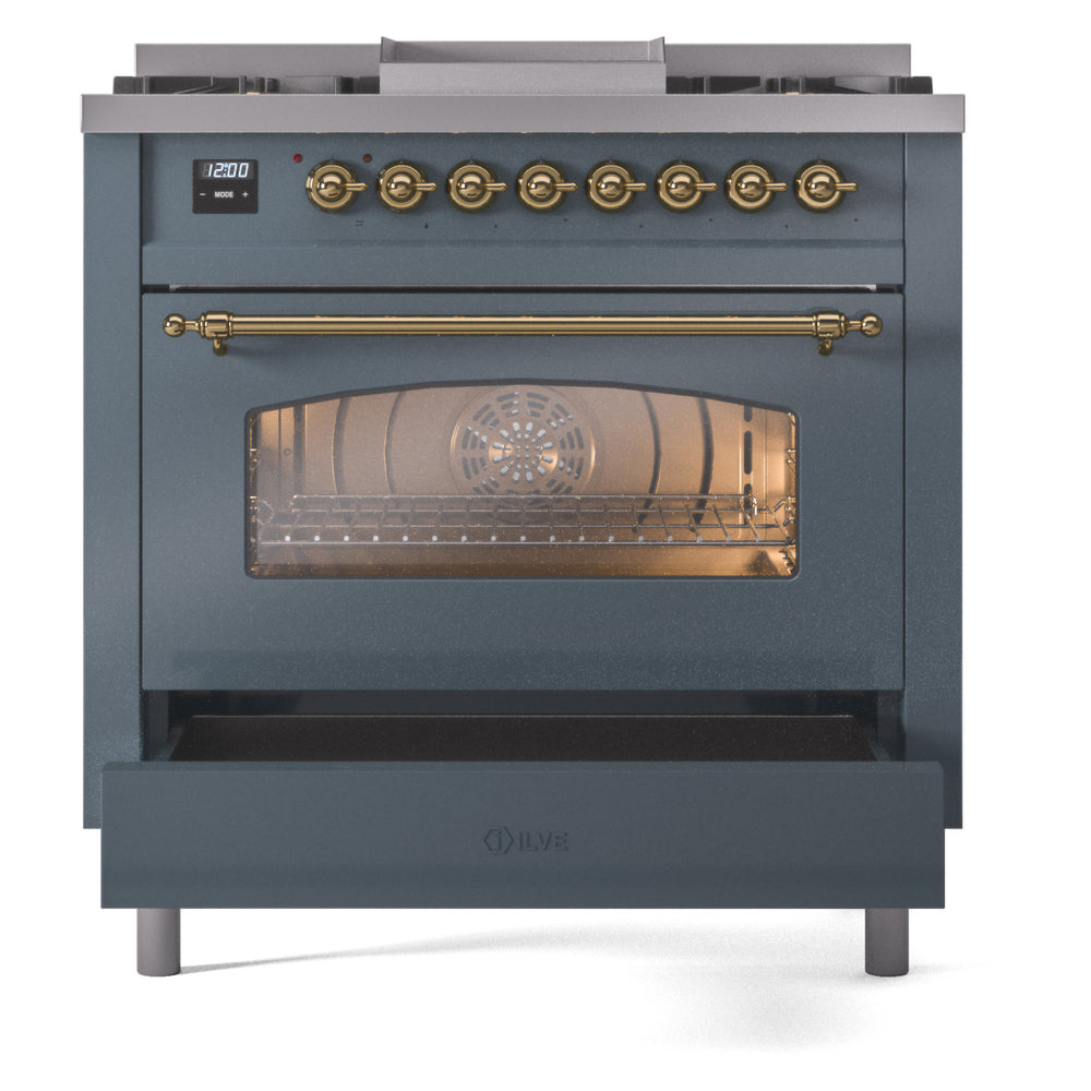 ILVE Nostalgie II 36-Inch Dual Fuel Freestanding Range in Blue Grey with Brass Trim (UP36FNMPBGGLP)