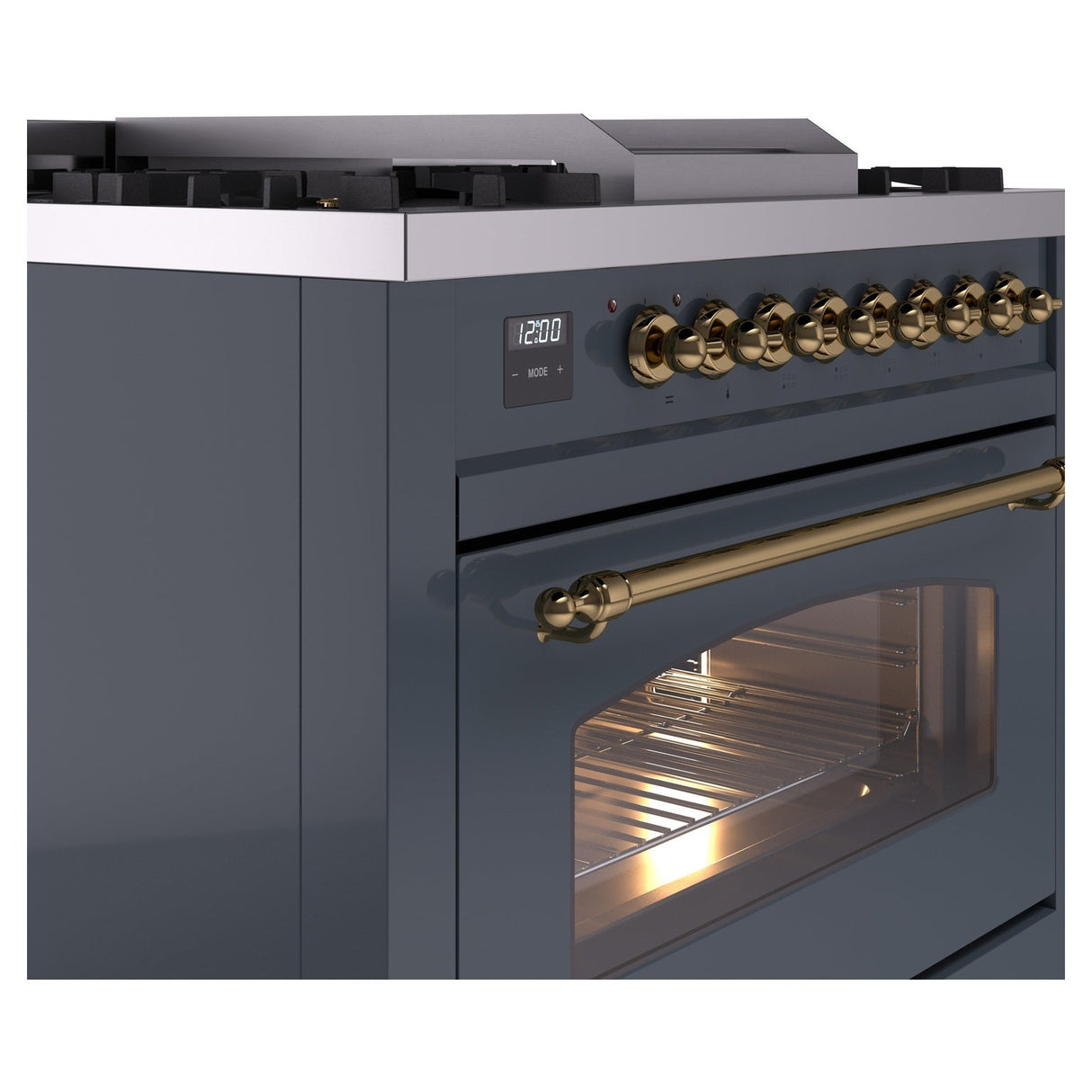 ILVE Nostalgie II 36-Inch Freestanding Natural Gas Dual Fuel Range in Blue Grey with Brass Trim (UP36FNMPBGG)