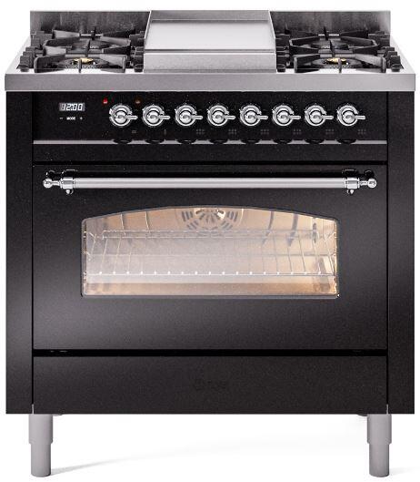 ILVE Nostalgie II 36-Inch Dual Fuel Freestanding Range in Glossy Black with Chrome Trim (UP36FNMPBKCLP)