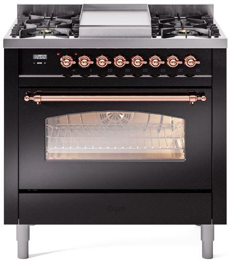 ILVE Nostalgie II 36-Inch Dual Fuel Freestanding Range in Glossy Black with Copper Trim (UP36FNMPBKPLP)