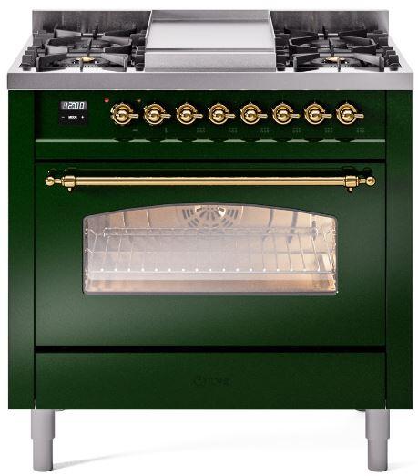 ILVE Nostalgie II 36-Inch Freestanding Natural Gas Dual Fuel Range in Emerald Green with Brass Trim (UP36FNMPEGG)