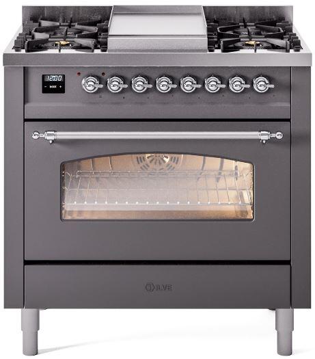 ILVE Nostalgie II 36-Inch Dual Fuel Freestanding Range in Matte Graphite with Chrome Trim (UP36FNMPMGCLP)