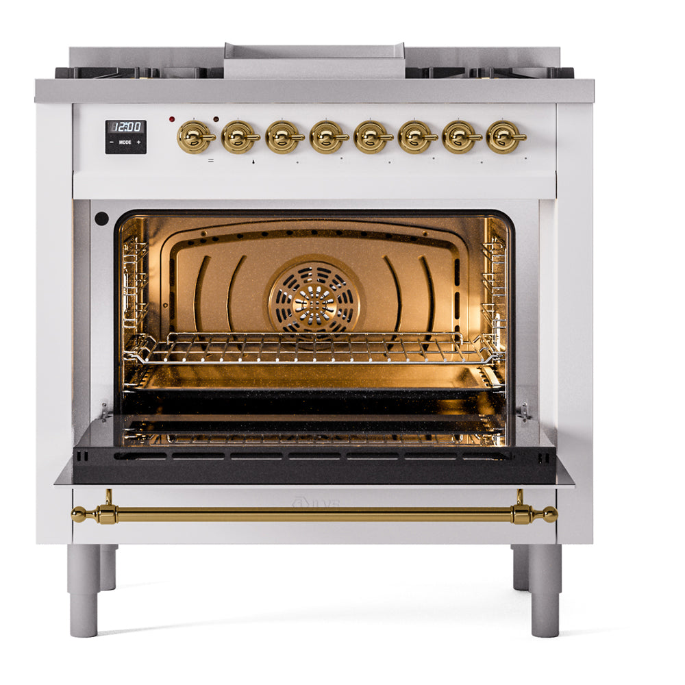 ILVE Nostalgie II 36-Inch Dual Fuel Freestanding Range in Custom RAL with Brass Trim (UP36FNMPRAGLP)