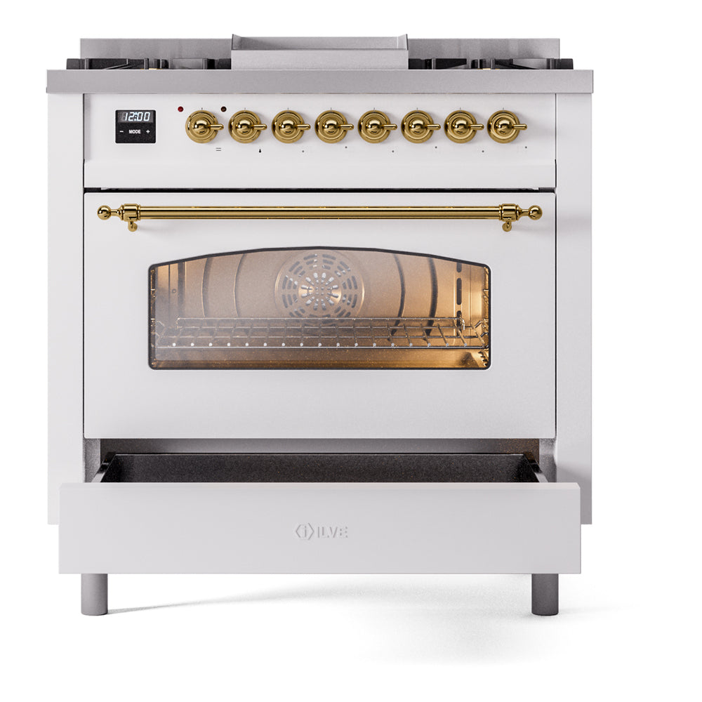 ILVE Nostalgie II 36-Inch Dual Fuel Freestanding Range in Custom RAL with Brass Trim (UP36FNMPRAGLP)