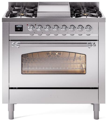 ILVE Nostalgie II 36-Inch Freestanding Natural Gas Dual Fuel Range in Stainless Steel with Chrome Trim (UP36FNMPSSC)