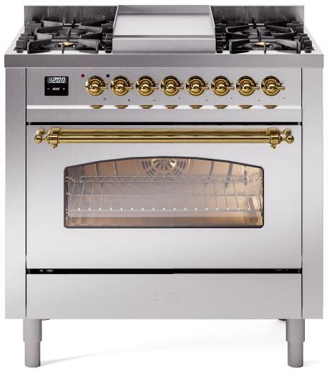 ILVE Nostalgie II 36-Inch Freestanding Natural Gas Dual Fuel Range in Stainless Steel with Brass Trim (UP36FNMPSSG)