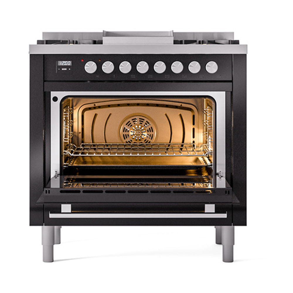 ILVE 36-Inch Professional Plus II Propane Gas Dual Fuel Range with 6 Burners and Solid Door in Glossy Black (UP36FQMPBKLP)