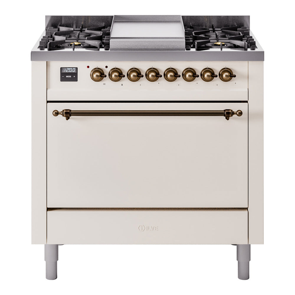 ILVE 36-Inch Nostalgie II Propane Gas Dual Fuel Range with 6 Burners and Solid Door Oven in Antique White with Bronze Trim (UP36FQNMPAWBLP)