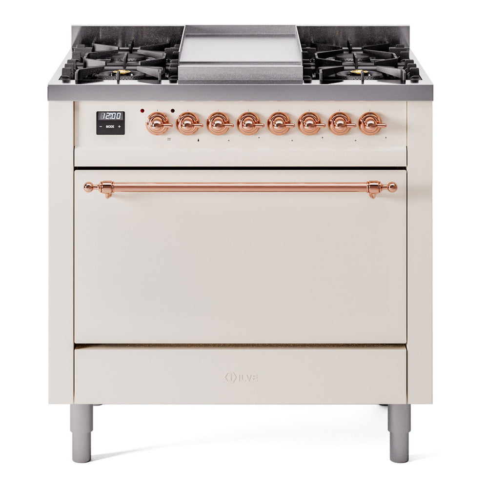 ILVE 36-Inch Nostalgie II Propane Gas Dual Fuel Range with 6 Burners and Solid Door Oven in Antique White with Copper Trim (UP36FQNMPAWPLP)