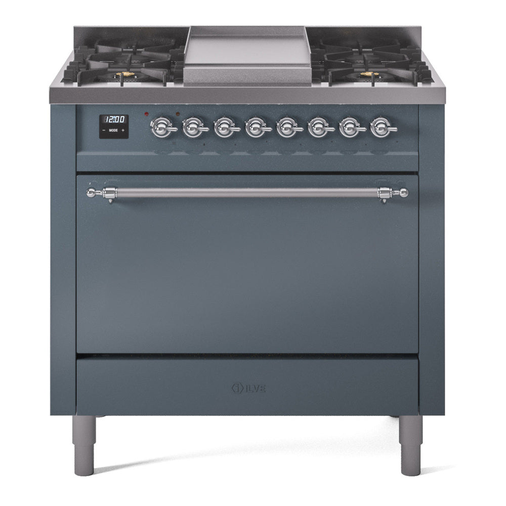 ILVE 36-Inch Nostalgie II Propane Gas Dual Fuel Range with 6 Burners and Solid Door Oven in Blue Grey with Chrome Trim (UP36FQNMPBGCLP)