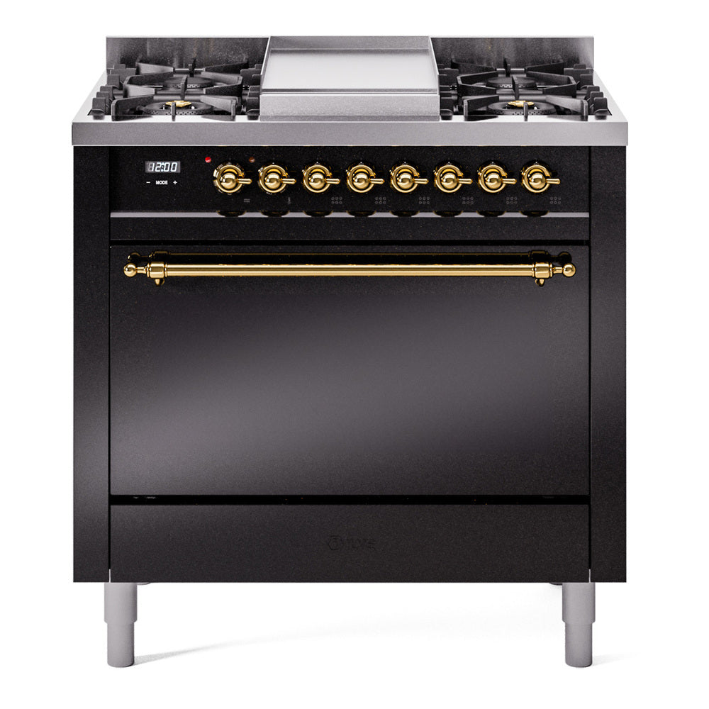 ILVE 36-Inch Nostalgie II Natural Gas Dual Fuel Range with 6 Burners and Solid Door Oven in Glossy Black with Brass Trim (UP36FQNMPBKG)