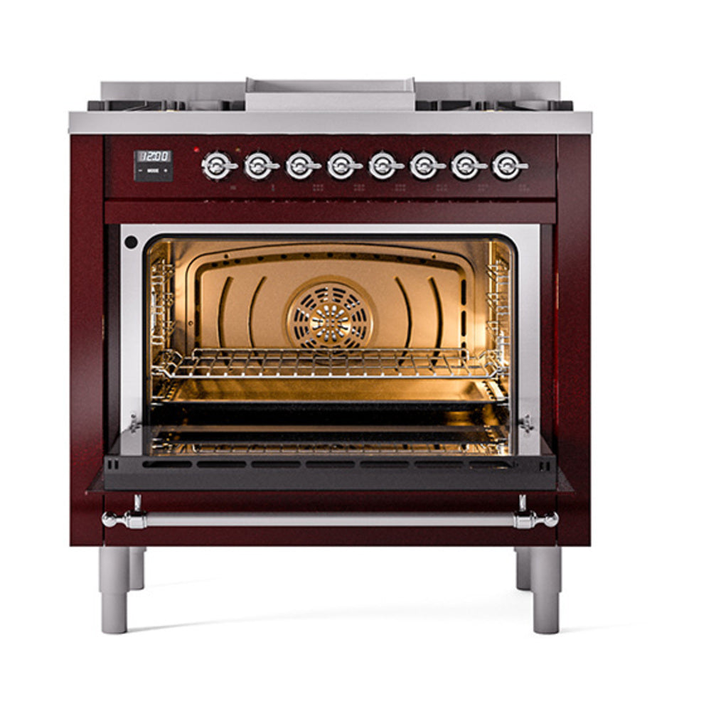 ILVE 36-Inch Nostalgie II Propane Gas Dual Fuel Range with 6 Burners and Solid Door Oven in Burgundy with Chrome Trim (UP36FQNMPBUCLP)
