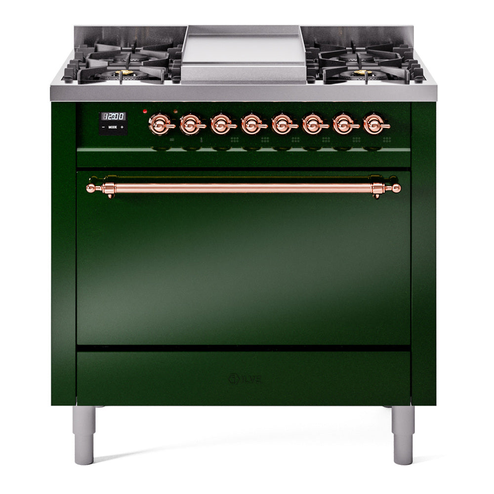 ILVE 36-Inch Nostalgie II Propane Gas Dual Fuel Range with 6 Burners and Solid Door Oven in Emerald Green with Copper Trim (UP36FQNMPEGPLP)