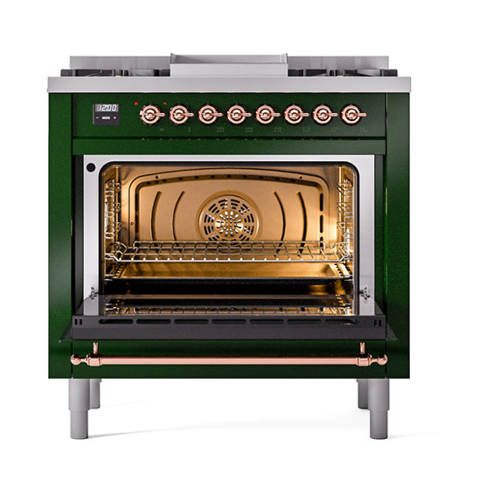 ILVE 36-Inch Nostalgie II Propane Gas Dual Fuel Range with 6 Burners and Solid Door Oven in Emerald Green with Copper Trim (UP36FQNMPEGPLP)