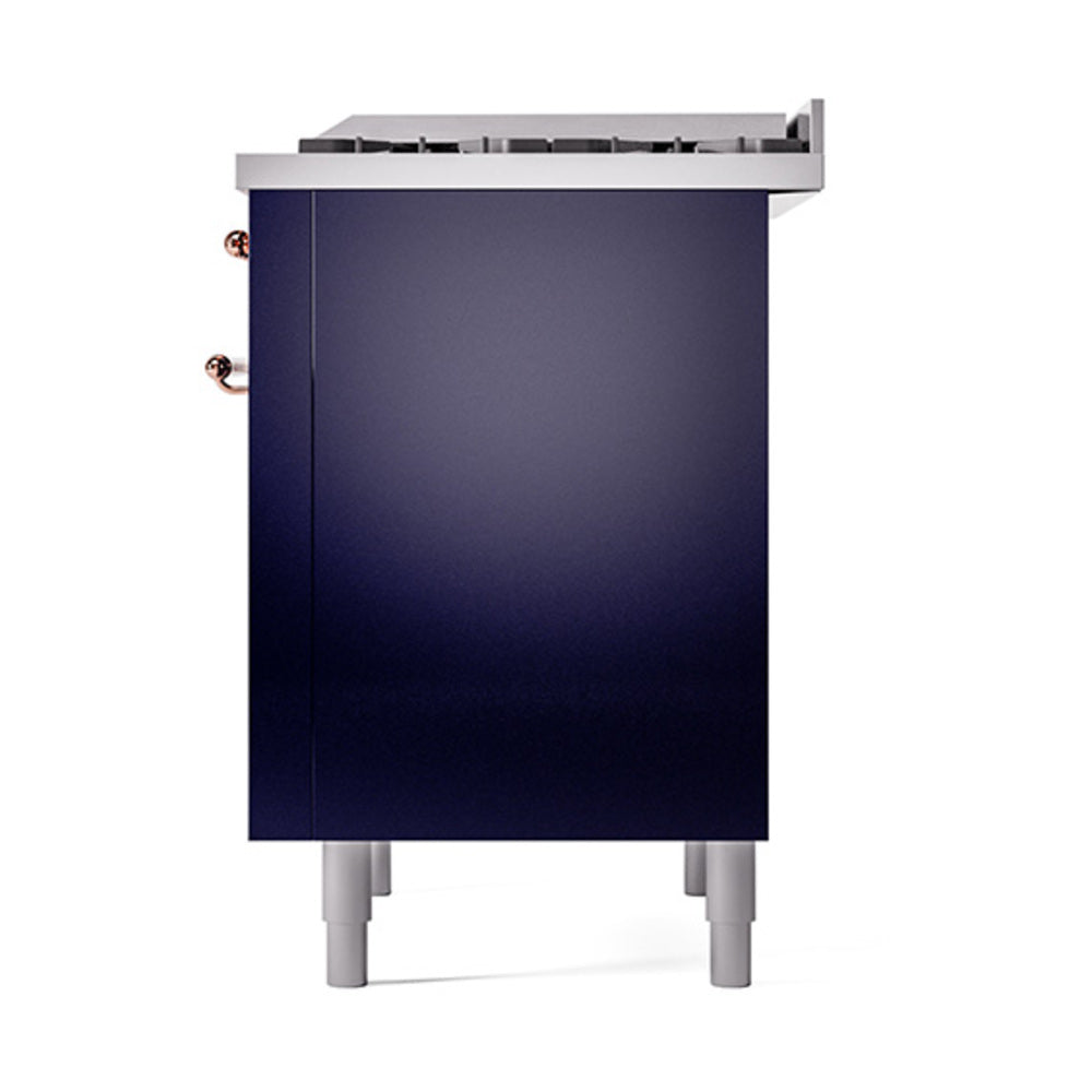ILVE 36-Inch Nostalgie II Natural Gas Dual Fuel Range with 6 Burners and Solid Door Oven in Midnight Blue with Copper Trim (UP36FQNMPMBP)