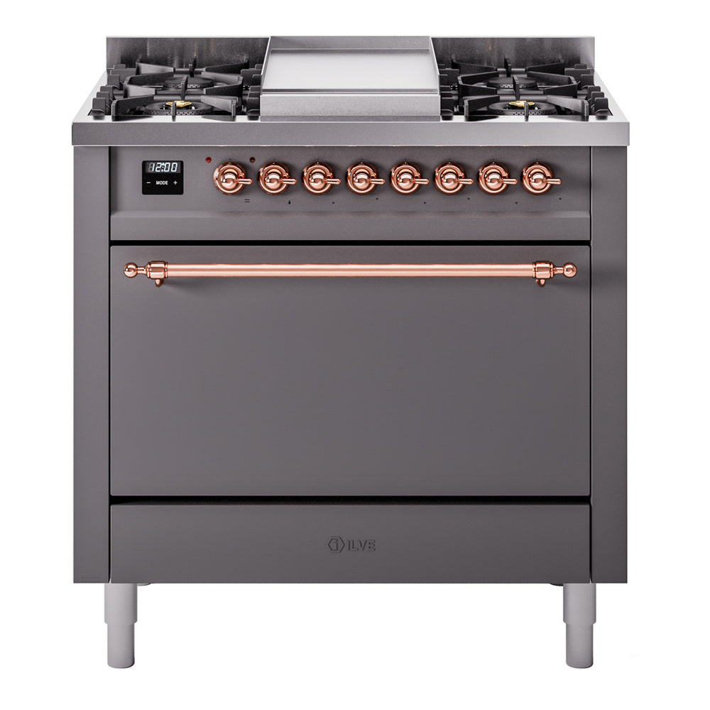 ILVE 36-Inch Nostalgie II Propane Gas Dual Fuel Range with 6 Burners and Solid Door Oven in Matte Graphite with Copper Trim (UP36FQNMPMGPLP)