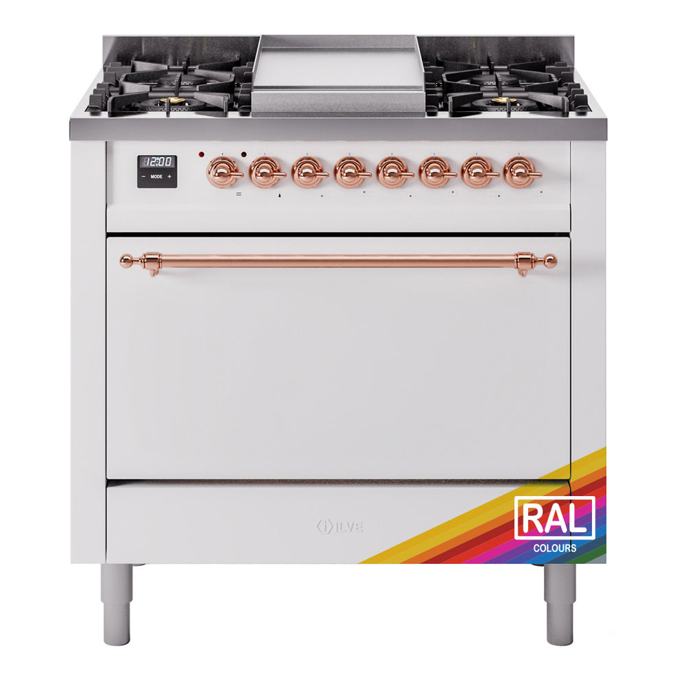 ILVE 36-Inch Nostalgie II Propane Gas Dual Fuel Range with 6 Burners and Solid Door Oven in Custom RAL with Copper Trim (UP36FQNMPRAPLP)