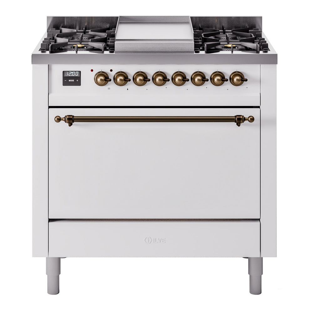 ILVE 36-Inch Nostalgie II Natural Gas Dual Fuel Range with 6 Burners and Solid Door Oven in White with Bronze Trim (UP36FQNMPWHB)