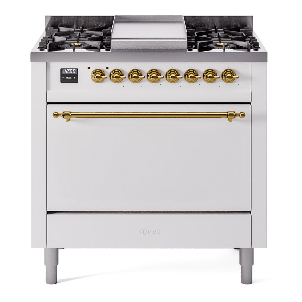 ILVE 36-Inch Nostalgie II Natural Gas Dual Fuel Range with 6 Burner and Solid Door Oven in White with Brass Trim (UP36FQNMPWHG)