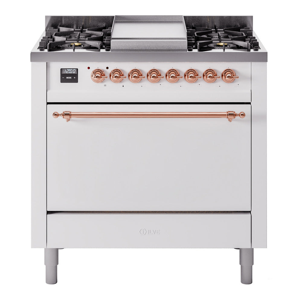 ILVE 36-Inch Nostalgie II Natural Gas Dual Fuel Range with 6 Burners and Solid Door Oven in White with Copper Trim (UP36FQNMPWHP)
