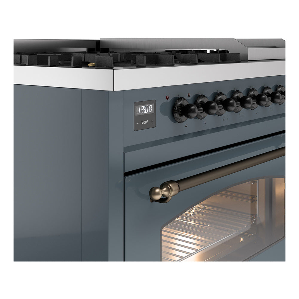 ILVE Nostalgie II 48-Inch Dual Fuel Freestanding Range in Blue Grey with Bronze Trim (UP48FNMPBGBLP)