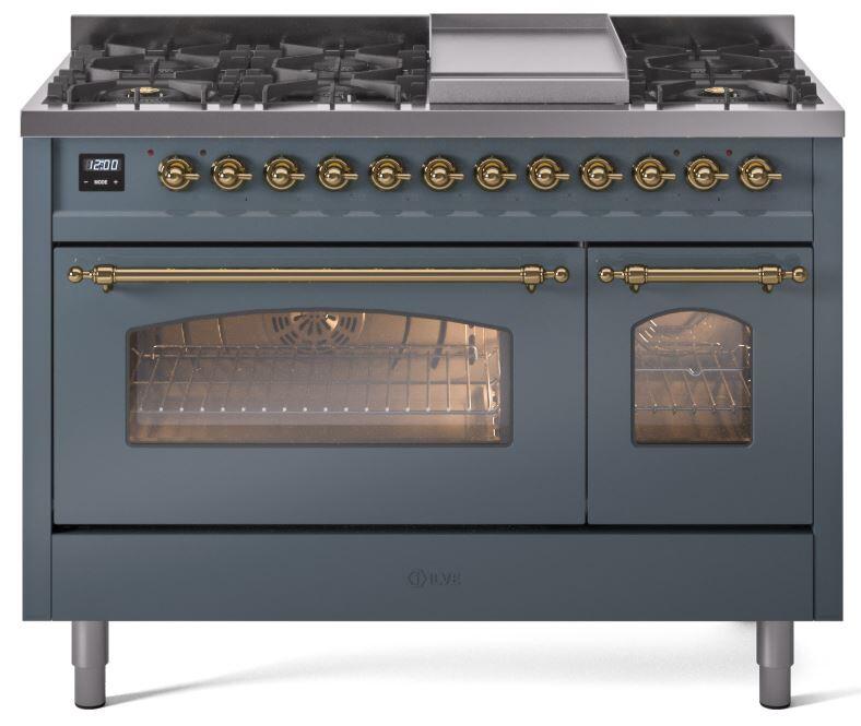 ILVE Nostalgie II 48-Inch Freestanding Natural Gas Dual Fuel Range in Blue Grey with Brass Trim (UP48FNMPBGG)