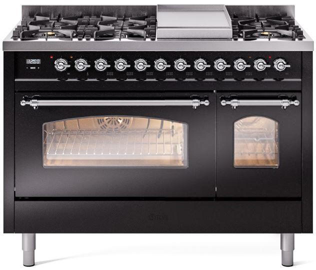 ILVE Nostalgie II 48-Inch Freestanding Natural Gas Dual Fuel Range in Glossy Black with Chrome Trim (UP48FNMPBKC)