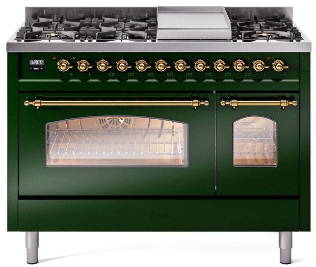 ILVE Nostalgie II 48-Inch Freestanding Natural Gas Dual Fuel Range in Emerald Green with Brass Trim (UP48FNMPEGG)