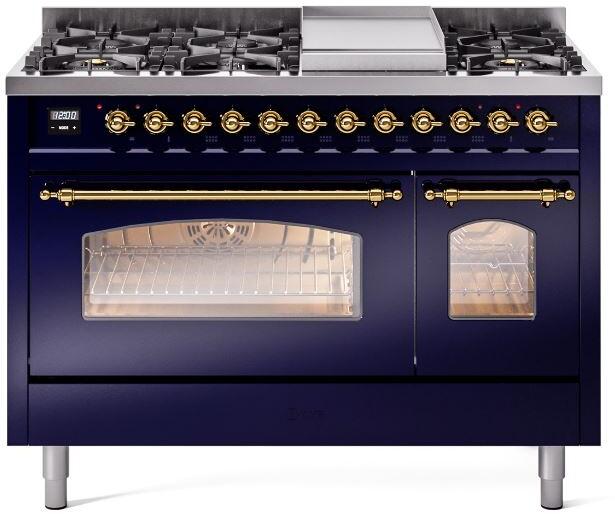 ILVE Nostalgie II 48-Inch Dual Fuel Freestanding Range in Midnight Blue with Brass Trim (UP48FNMPMBGLP)