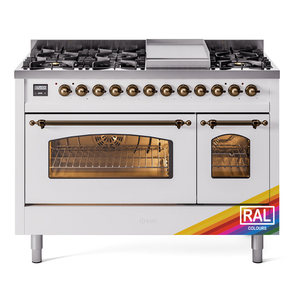 ILVE Nostalgie II 48-Inch Freestanding Natural Gas Dual Fuel Range in Custom RAL with Bronze Trim (UP48FNMPRAB)