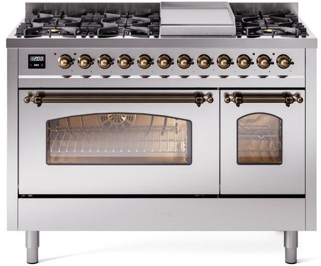 ILVE Nostalgie II 48-Inch Freestanding Natural Gas Dual Fuel Range in Stainless Steel with Bronze Trim (UP48FNMPSSB)