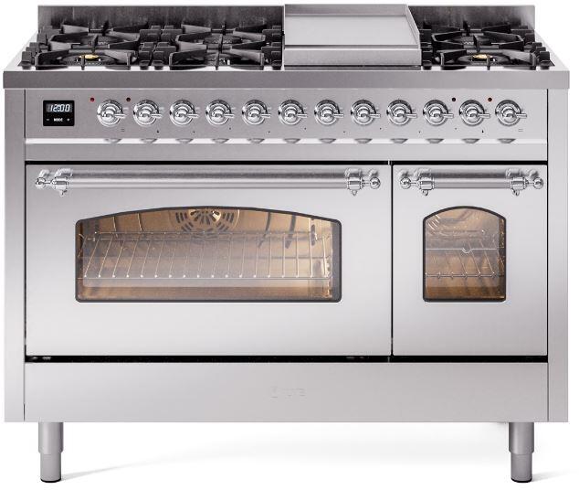 ILVE Nostalgie II 48-Inch Freestanding Natural Gas Dual Fuel Range in Stainless Steel with Chrome Trim (UP48FNMPSSC)
