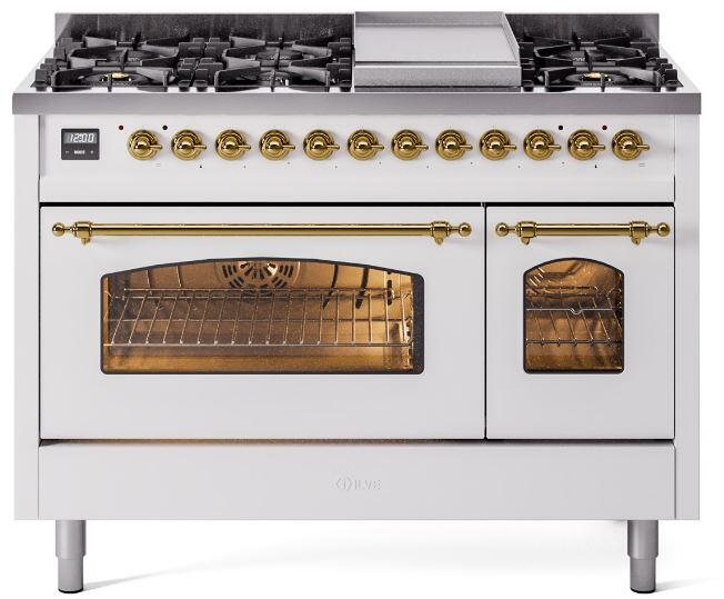 ILVE Nostalgie II 48-Inch Freestanding Natural Gas Dual Fuel Range in White with Brass Trim (UP48FNMPWHG)
