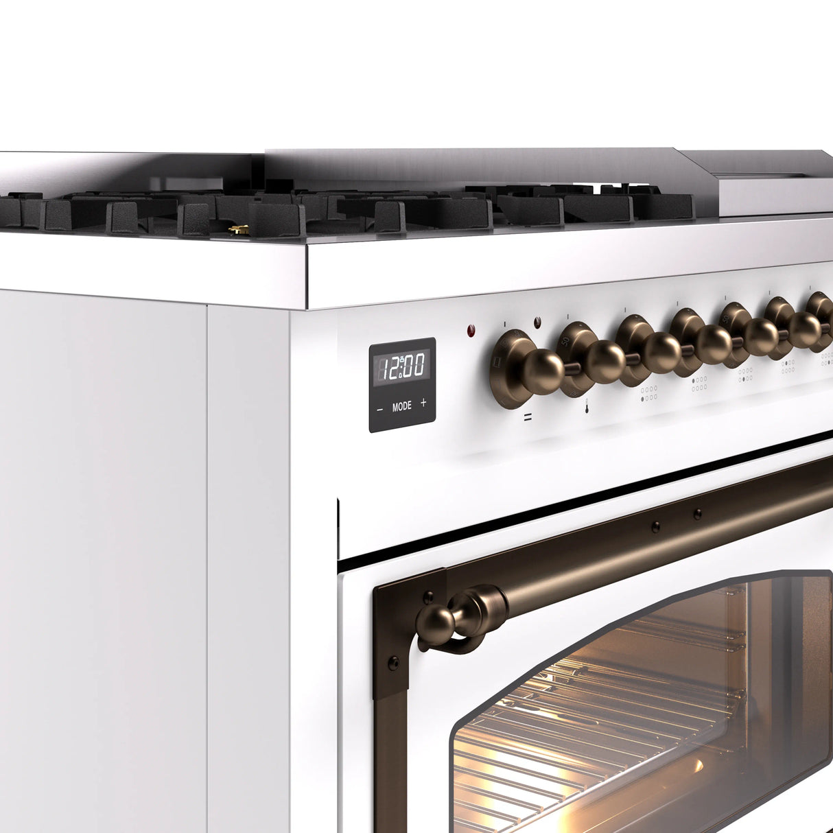 ILVE Nostalgie II Noblesse 48-Inch Freestanding Natural Gas Dual Fuel Range in White with Bronze Trim (UN48FNMPWHB)