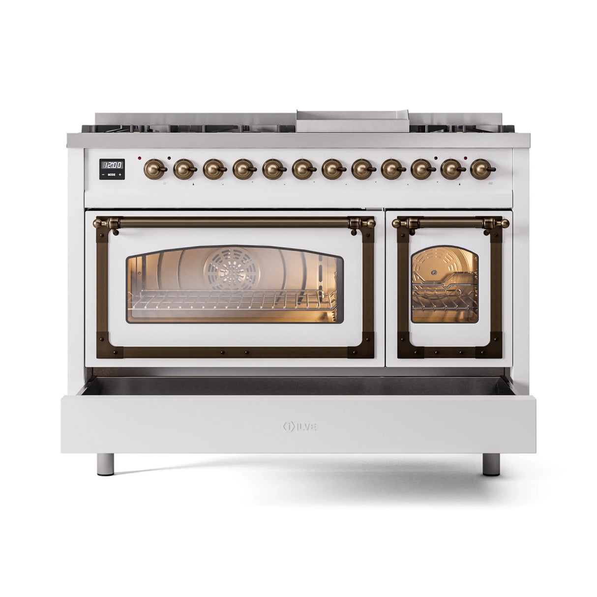 ILVE Nostalgie II Noblesse 48-Inch Freestanding Natural Gas Dual Fuel Range in White with Bronze Trim (UN48FNMPWHB)
