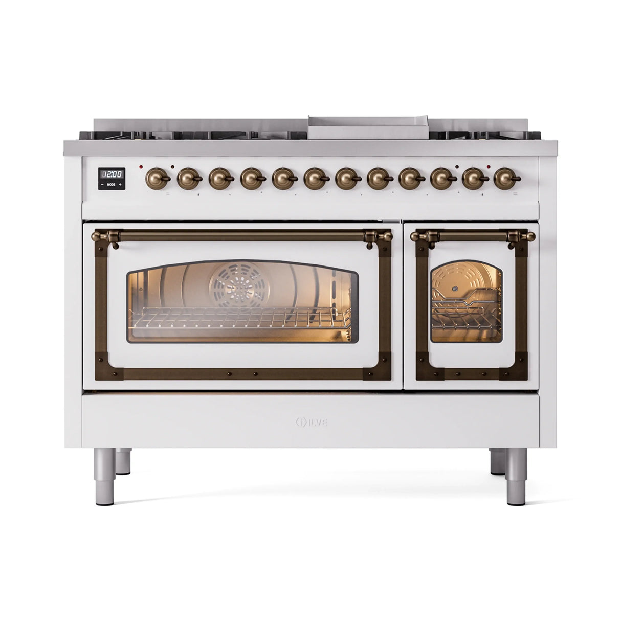 ILVE Nostalgie II Noblesse 48-Inch Freestanding Natural Gas Dual Fuel Range in White with Bronze Trim (UN48FNMPWHB)