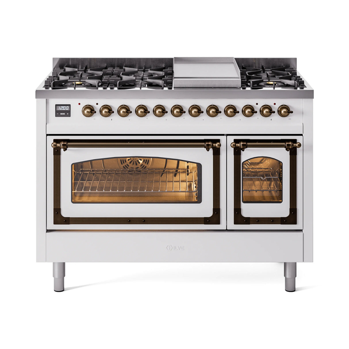 ILVE Nostalgie II Noblesse 48-Inch Freestanding Natural Gas Dual Fuel Range in White with Bronze Trim (UN48FNMPWHB)