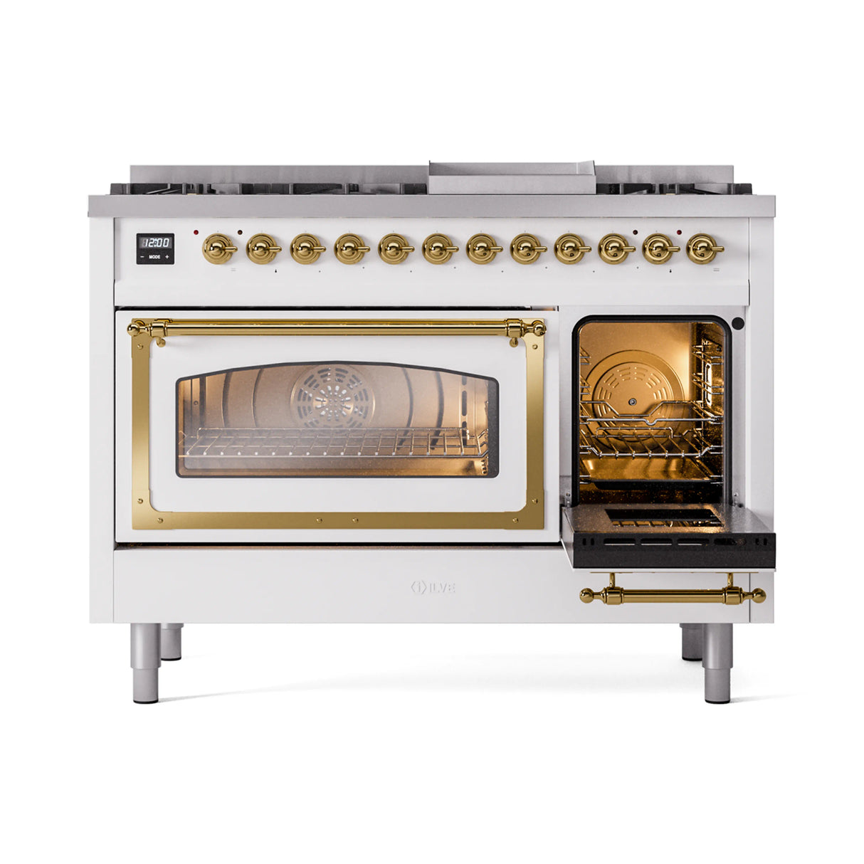 ILVE Nostalgie II Noblesse 48-Inch Freestanding Natural Gas Dual Fuel Range in White with Brass Trim (UN48FNMPWHG)