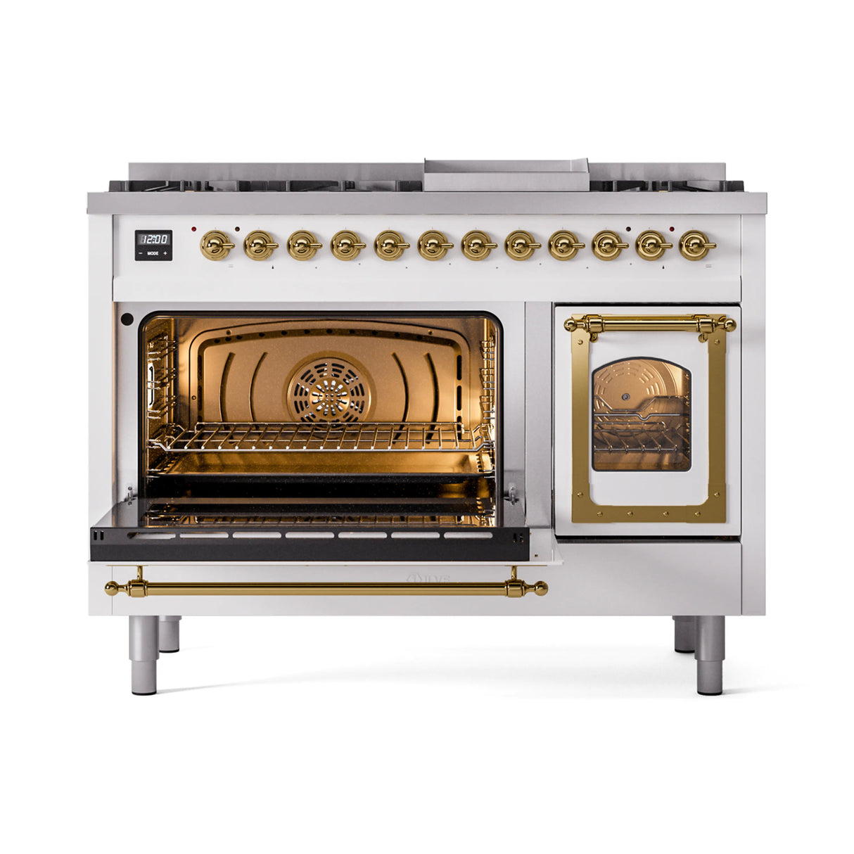 ILVE Nostalgie II Noblesse 48-Inch Freestanding Natural Gas Dual Fuel Range in White with Brass Trim (UN48FNMPWHG)
