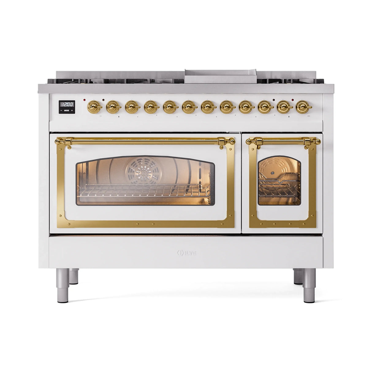 ILVE Nostalgie II Noblesse 48-Inch Freestanding Natural Gas Dual Fuel Range in White with Brass Trim (UN48FNMPWHG)