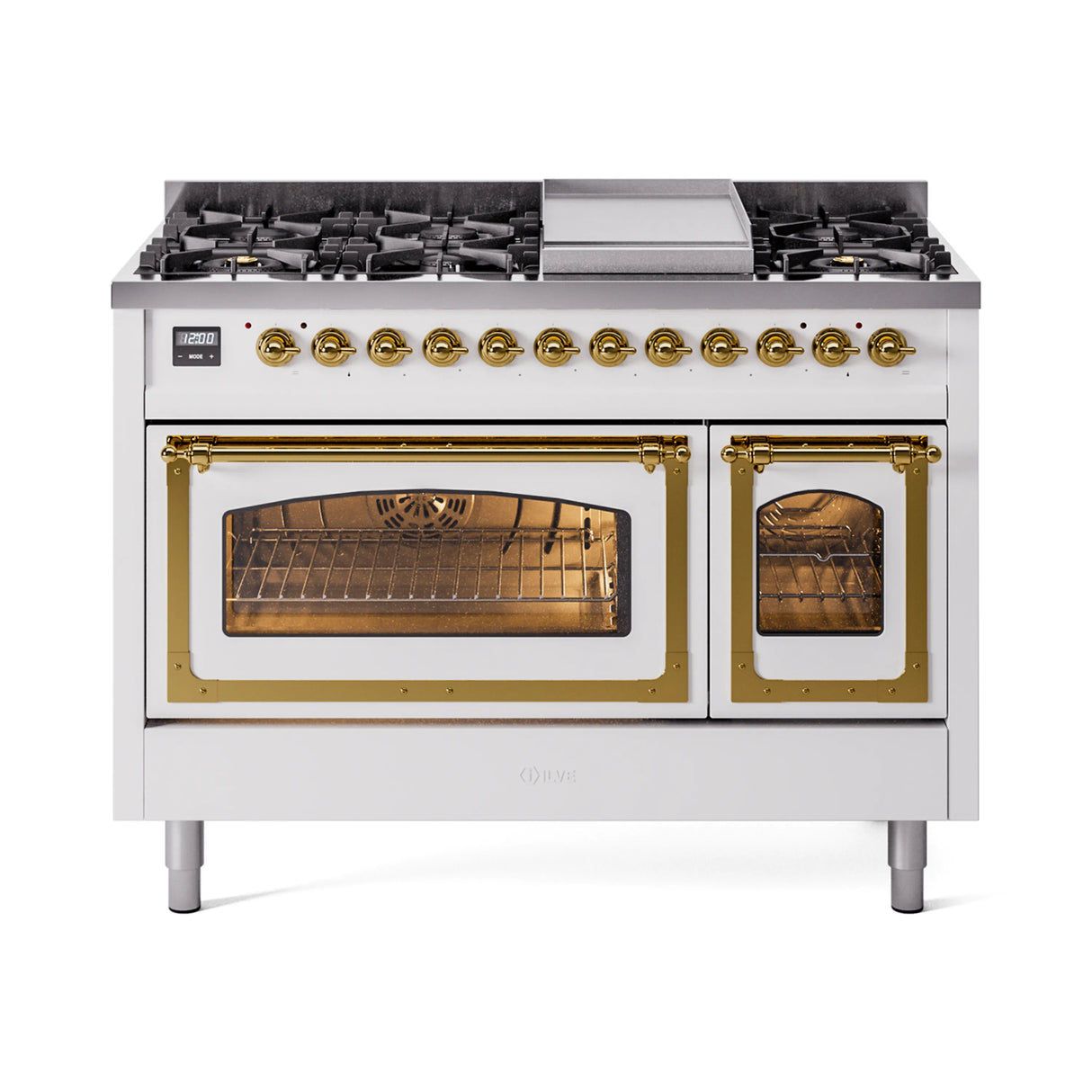 ILVE Nostalgie II Noblesse 48-Inch Freestanding Natural Gas Dual Fuel Range in White with Brass Trim (UN48FNMPWHG)