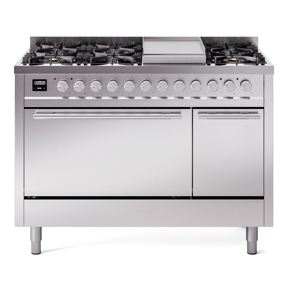 ILVE 48-inch Professional Plus II Natural Gas Dual Fuel Range with 8 Burners, Griddle, and Solid Door Oven in Stainless Steel (UP48FQMPSS)