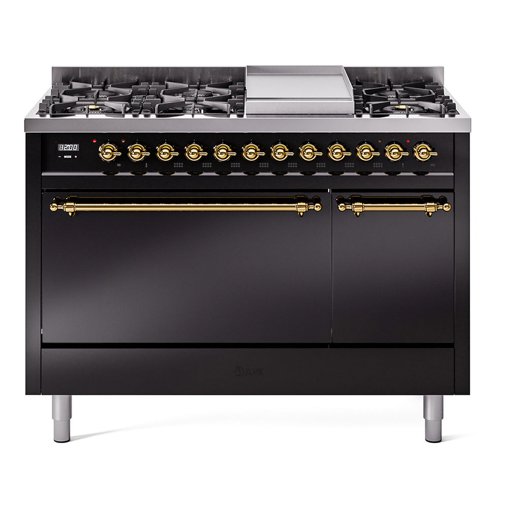 ILVE 48-Inch Nostalgie II Natural Gas Dual Fuel Range with 8 Burners, Griddle, and Solid Door Oven in Glossy Black with Brass Trim (UP48FQNMPBKG)
