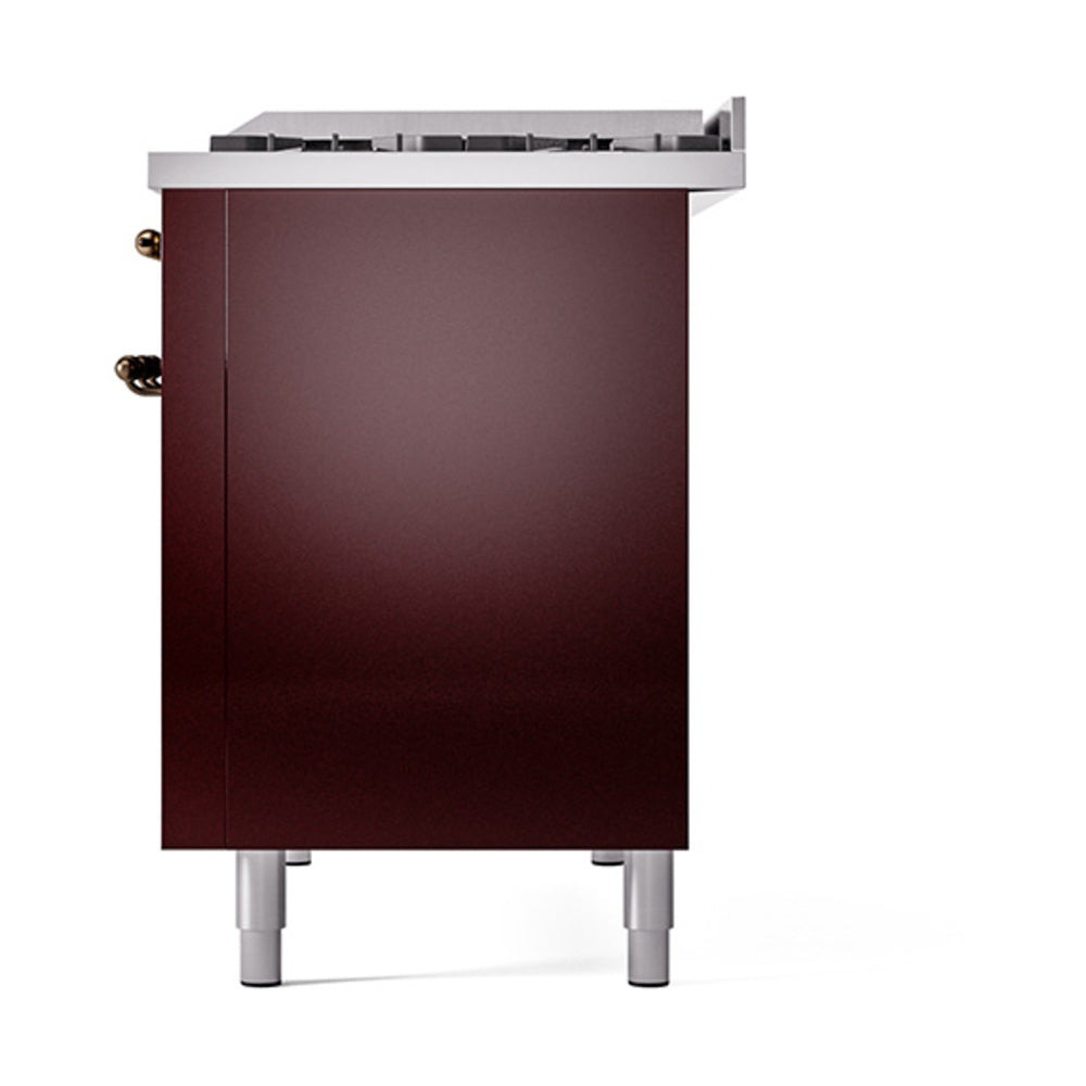 ILVE 48-Inch Nostalgie II Propane Gas Dual Fuel Range with 8 Burners, Griddle, and Solid Door Oven in Burgundy with Bronze Trim (UP48FQNMPBUBLP)