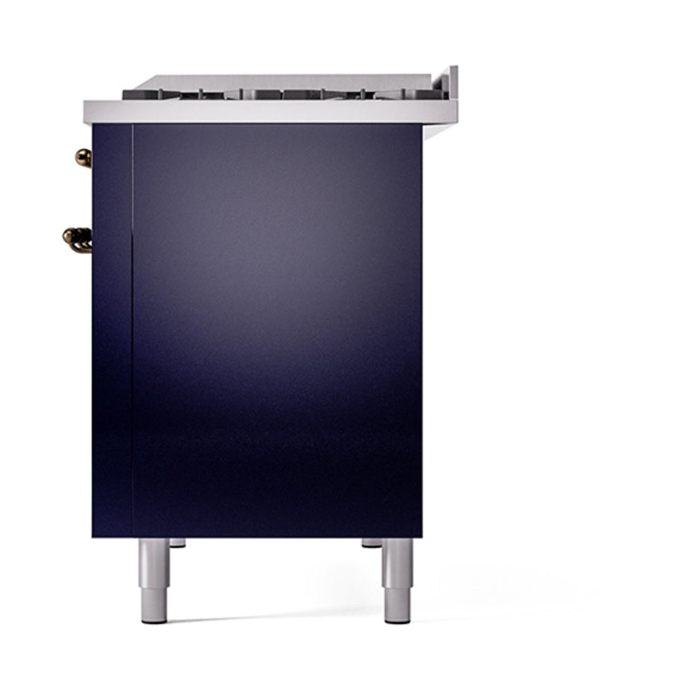 ILVE 48-Inch Nostalgie II Natural Gas Dual Fuel Range with 8 Burners, Griddle, and Solid Door Oven in Midnight Blue with Bronze Trim (UP48FQNMPMBB)