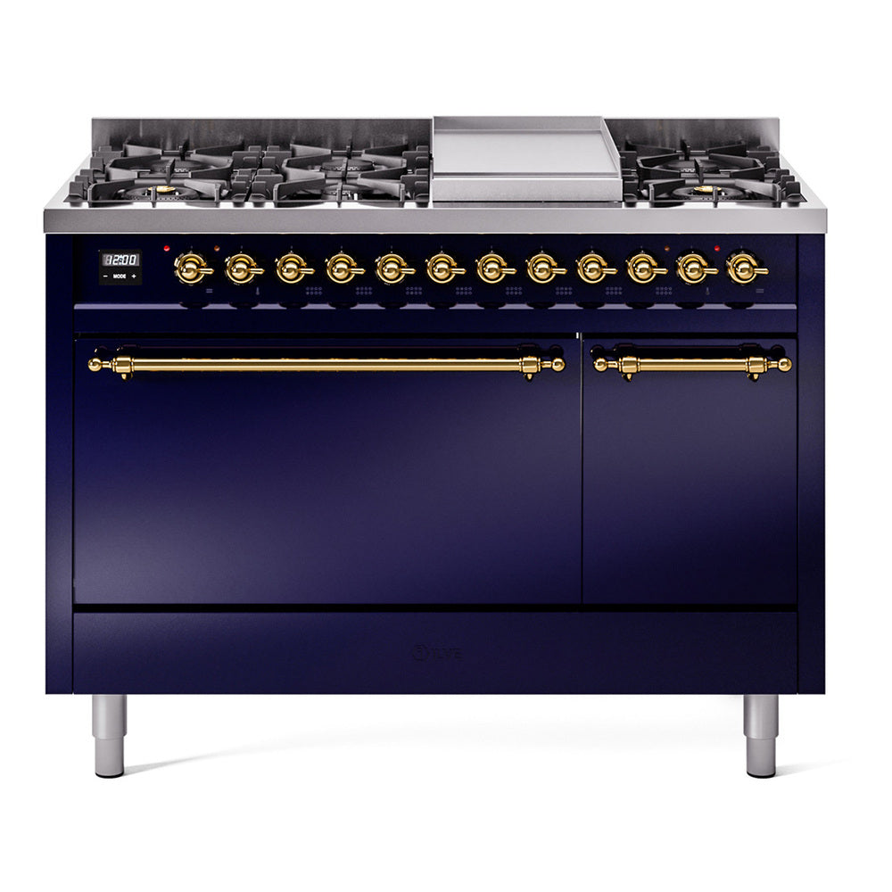 ILVE 48-Inch Nostalgie II Propane Gas Dual Fuel Range with 8 Burners, Griddle, and Solid Door Oven in Midnight Blue with Brass Trim (UP48FQNMPMBGLP)