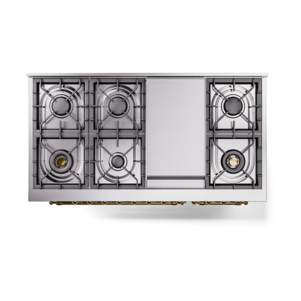 ILVE 48-Inch Nostalgie II Propane Gas Dual Fuel Range with 8 Burners, Griddle, and Solid Door Oven in Midnight Blue with Brass Trim (UP48FQNMPMBGLP)